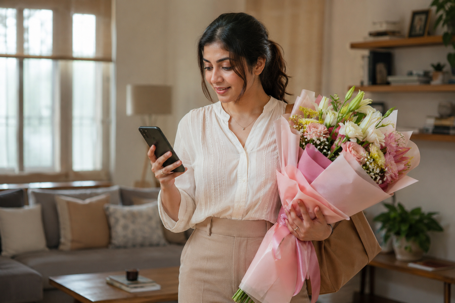 Last-minute Mother’s Day gift idea with flowers and thoughtful gesture in a cozy home setting