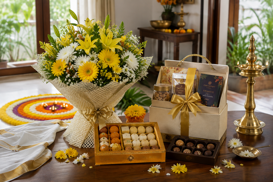 Last-minute Onam gift arrangement with fresh flowers, sweets, chocolates and a festive hamper