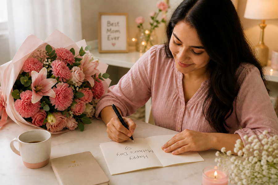 Woman writing Mother's Day message card with bouquet of flowers beside her