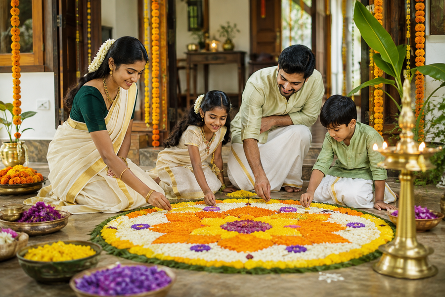 Family creating a traditional flower Pookalam for Onam 2026