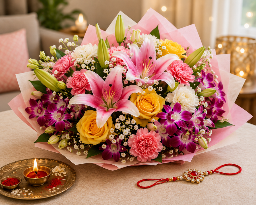 Rakhi flowers with roses, lilies, orchids and carnations arranged as a thoughtful Raksha Bandhan bouquet