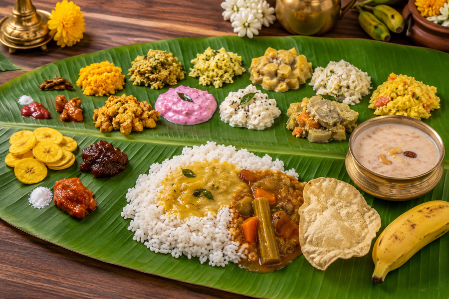 Traditional Onasadya with Kerala Sadya dishes served on a banana leaf