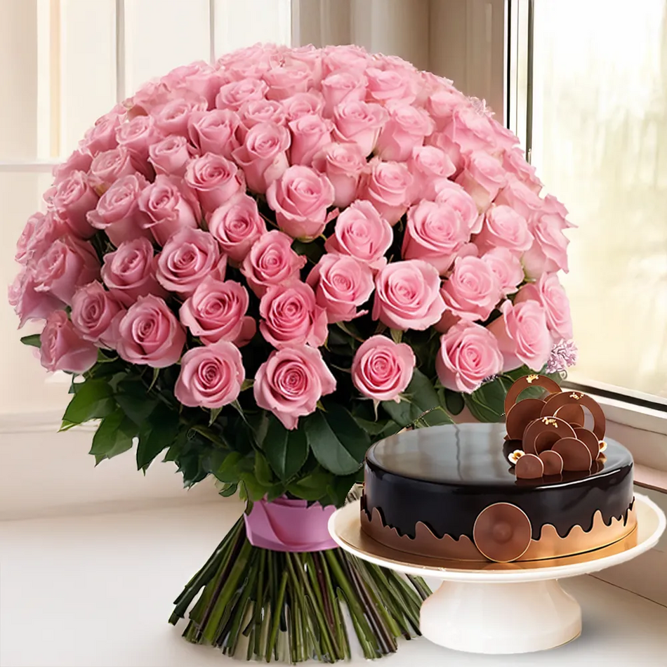 Perfection Pink Roses with chocolate cake