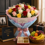 Father’s Day combo with mixed roses bouquet, fruit basket, and dry fruits box