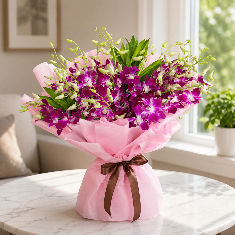 Elegant purple orchid Father’s Day bouquet with premium pink wrapping