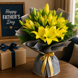 Elegant yellow lily Father’s Day bouquet with premium wrapping