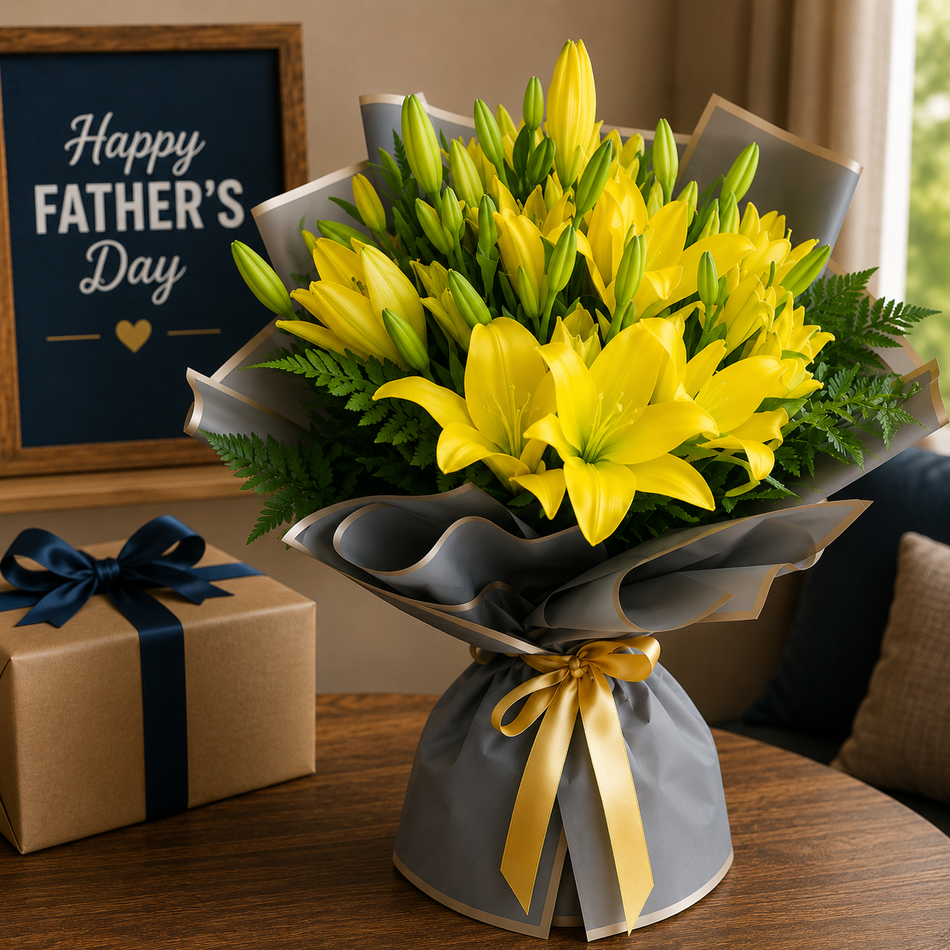 Elegant yellow lily Father’s Day bouquet with premium wrapping