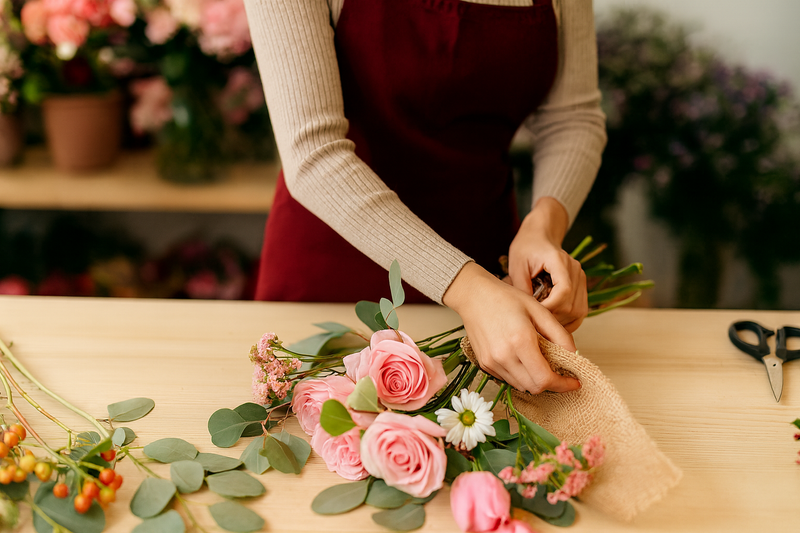 Bloomsy florist arranging fresh flowers