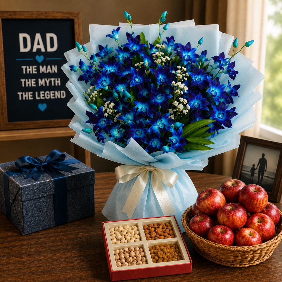 Father’s Day combo with blue orchid bouquet, apple basket, and dry fruits box
