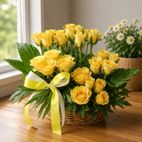 Elegant yellow rose basket arrangement with fresh green foliage and ribbon