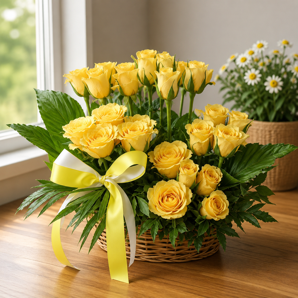 Elegant yellow rose basket arrangement with fresh green foliage and ribbon