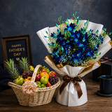 Father’s Day blue orchid bouquet with fresh fruit basket combo
