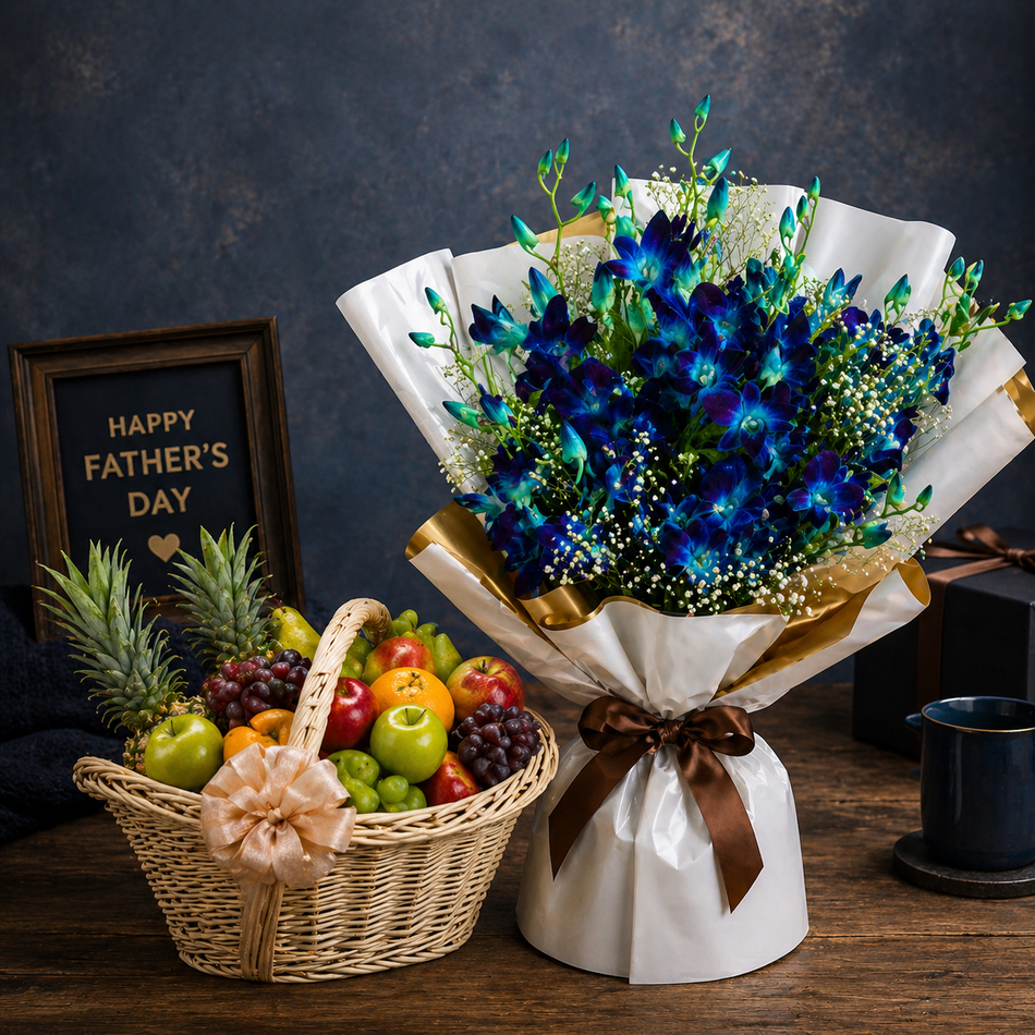 Father’s Day blue orchid bouquet with fresh fruit basket combo