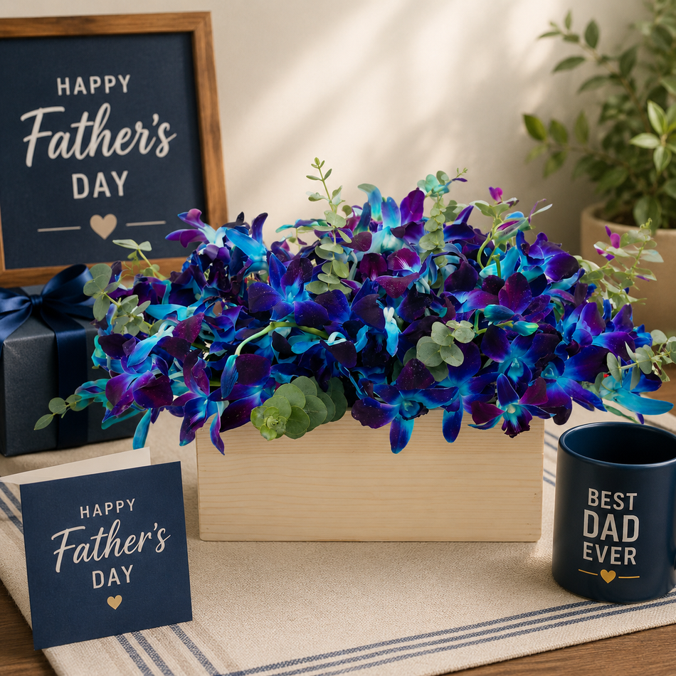 Blue orchid Father’s Day floral box arrangement