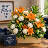 Father’s Day floral arrangement with orange lilies and white flowers in wooden box