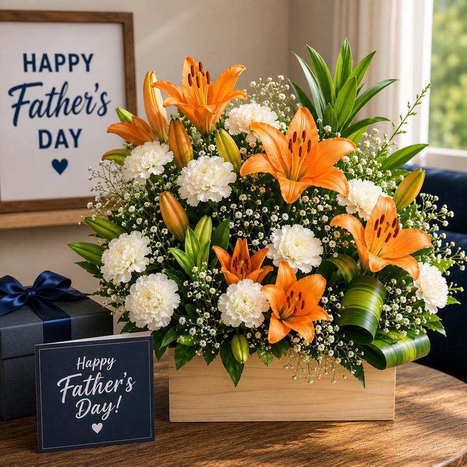Father’s Day floral arrangement with orange lilies and white flowers in wooden box