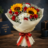 Father’s Day bouquet with sunflowers, red roses, and white flowers in elegant wrapping