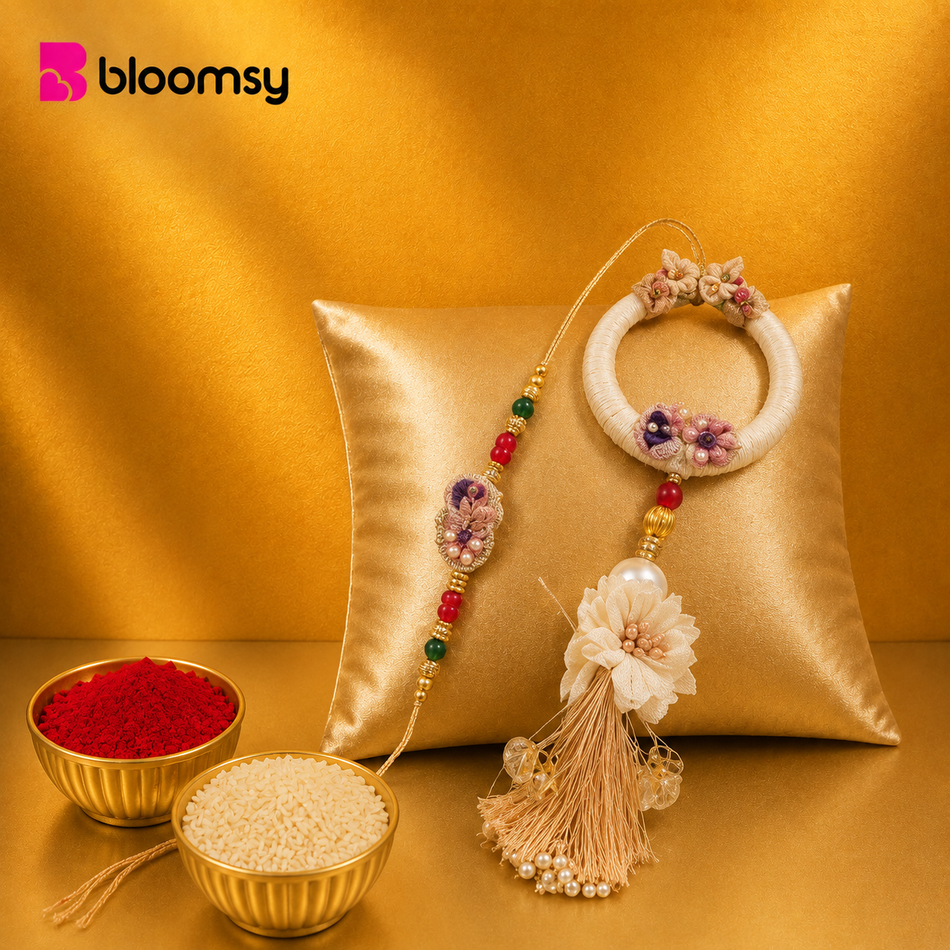 Beige Floral Rakhi Jodi