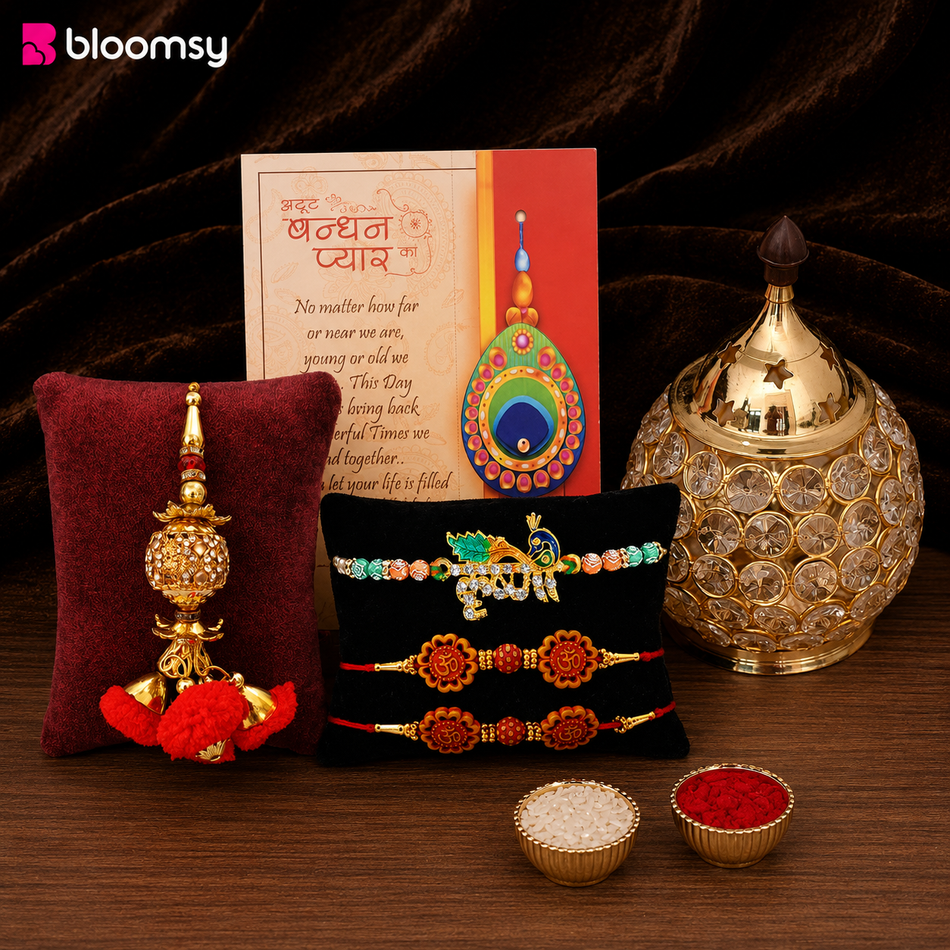 Peacock Motif Rakhi Trio