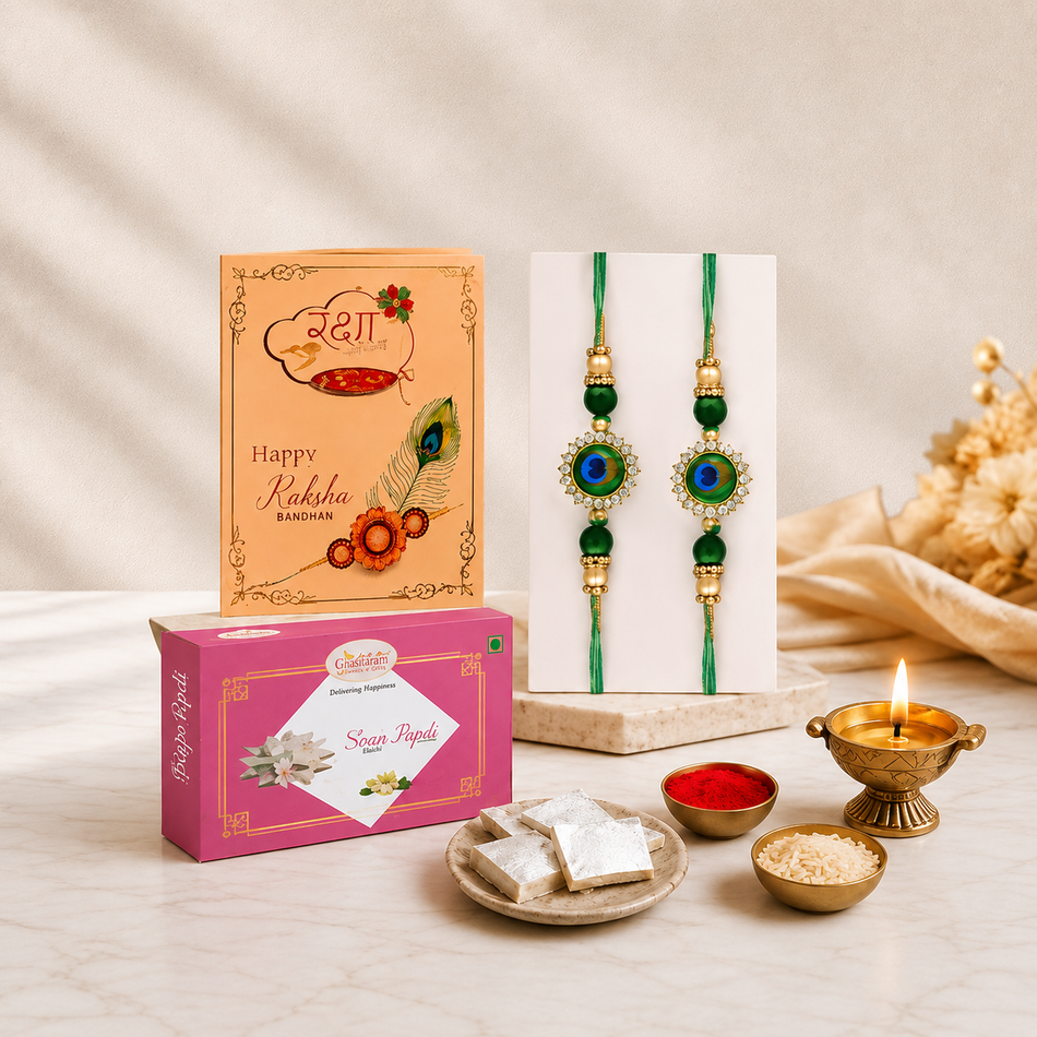Peacock Charm Rakhi Duo