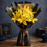 Elegant yellow lily Father’s Day bouquet with premium black wrapping