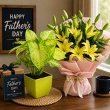 Father’s Day combo with yellow lily bouquet and green indoor plant arrangement