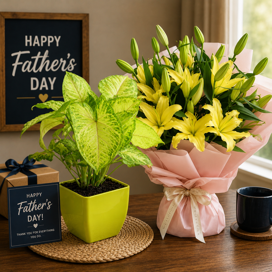 Father’s Day combo with yellow lily bouquet and green indoor plant arrangement