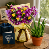 Father’s Day orchid bouquet with yellow roses and aloe vera plant combo