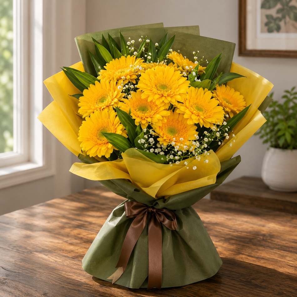 Bright yellow gerbera Father’s Day bouquet with elegant premium wrapping