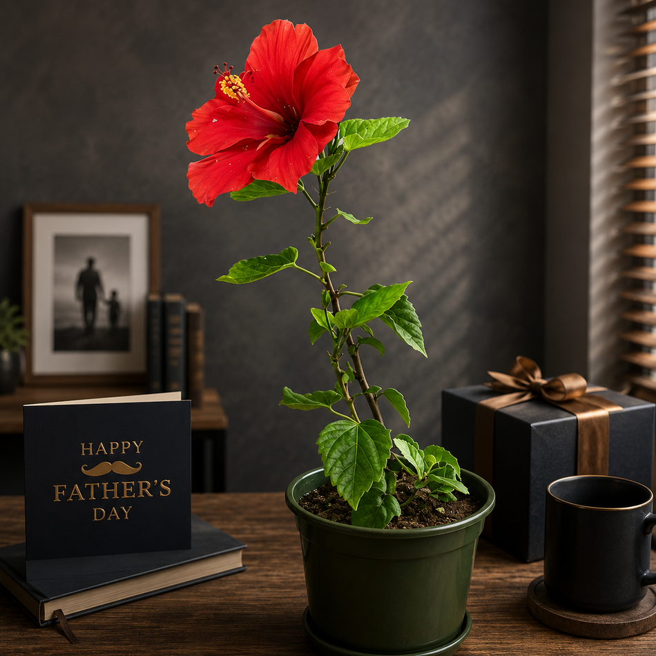 Red hibiscus plant gift for Father’s Day in decorative planter