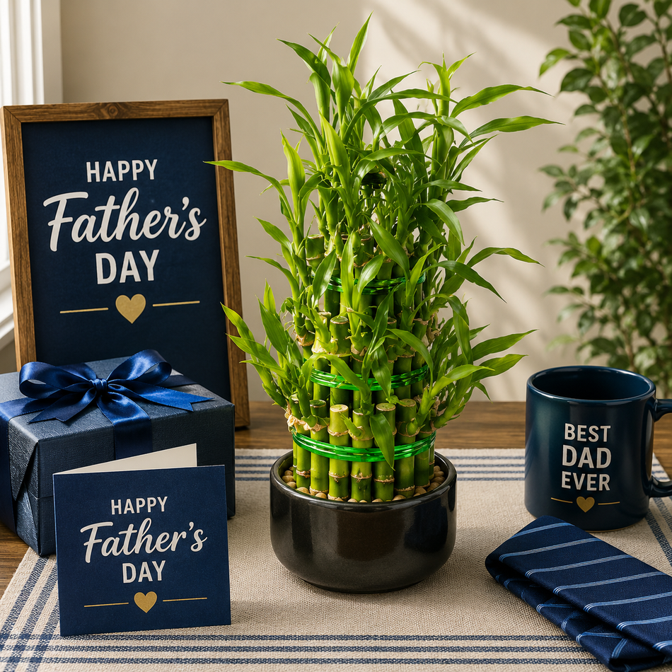 Father’s Day lucky bamboo plant and mug gift combo with elegant presentation