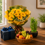Father’s Day combo with yellow flowers, lucky bamboo plant, fruit basket, and gift box