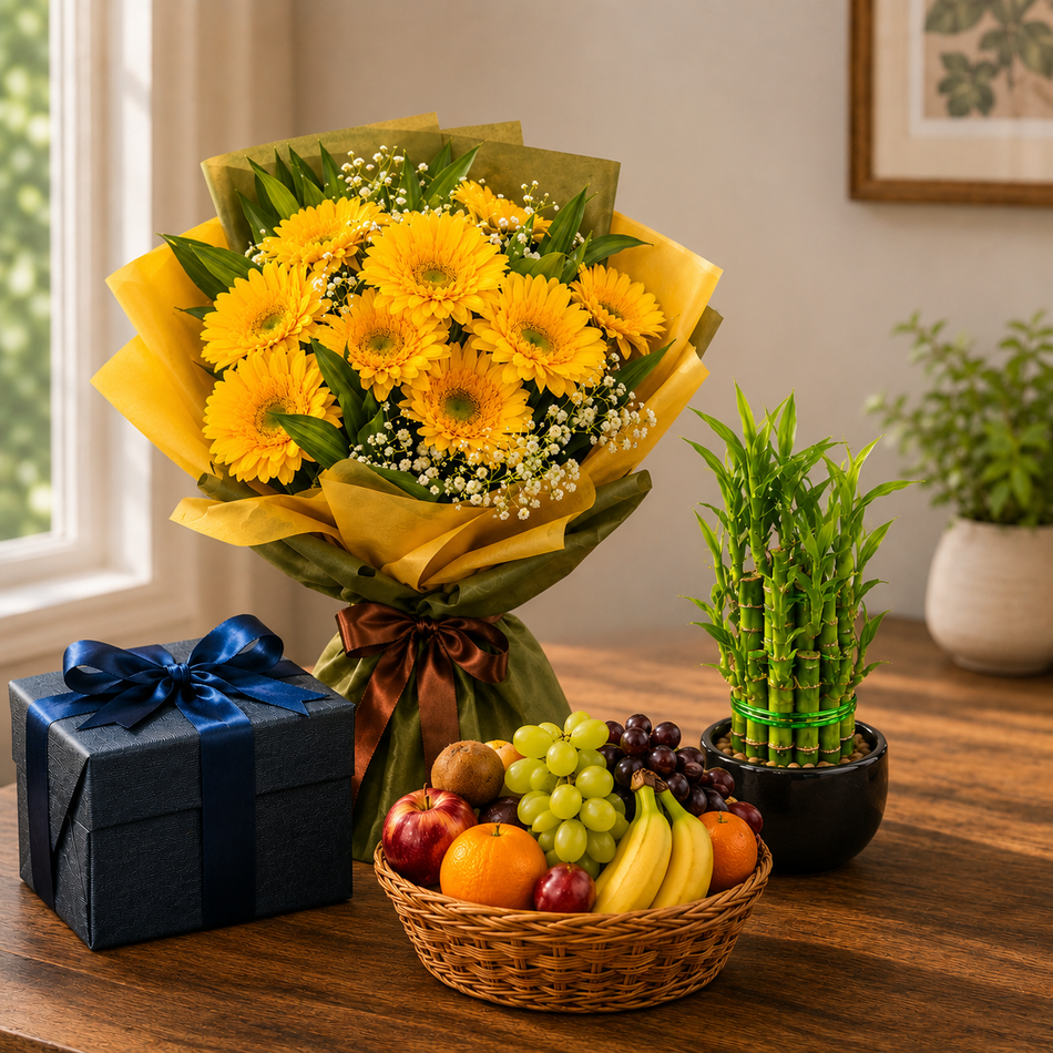 Father’s Day combo with yellow flowers, lucky bamboo plant, fruit basket, and gift box