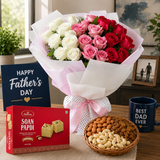 Father’s Day combo with mixed rose bouquet, Soan Papdi, and dry fruits