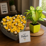Father’s Day combo with yellow rose heart arrangement, chocolates, and indoor plant