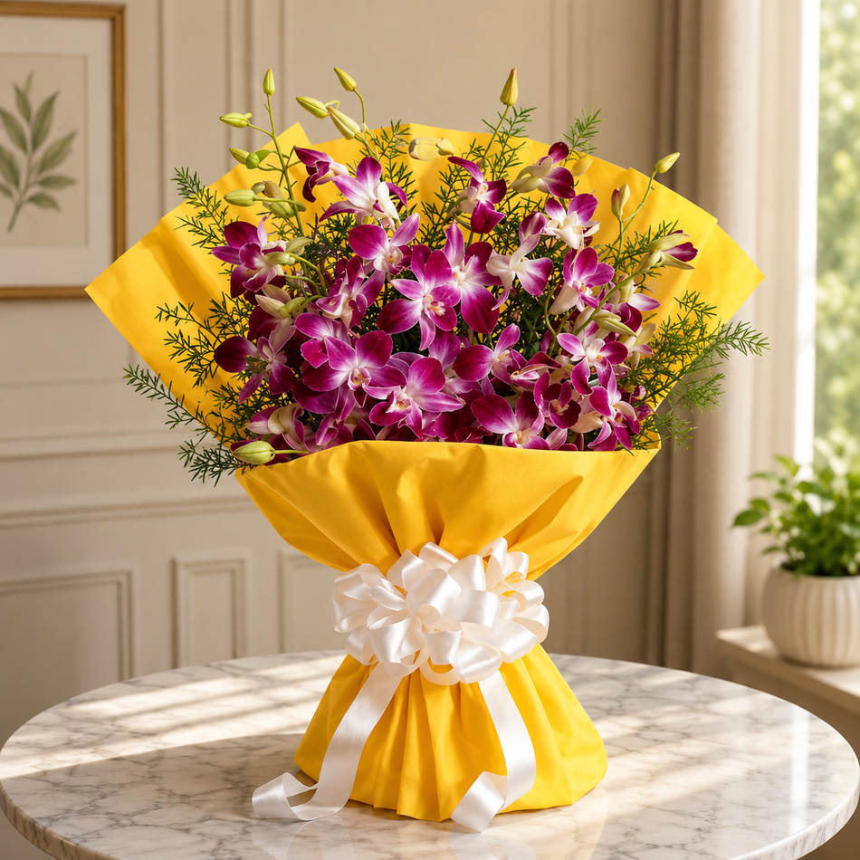 Elegant orchid Father’s Day bouquet with premium yellow wrapping